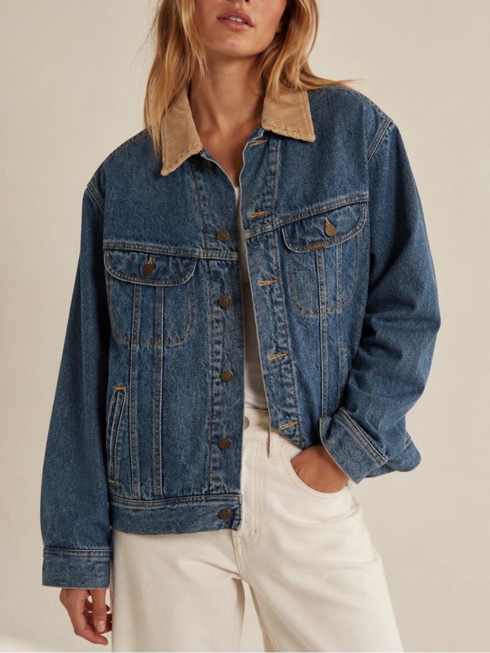 Riders by Lee Blue Denim Jacket with Tan Corduroy Collar size Large